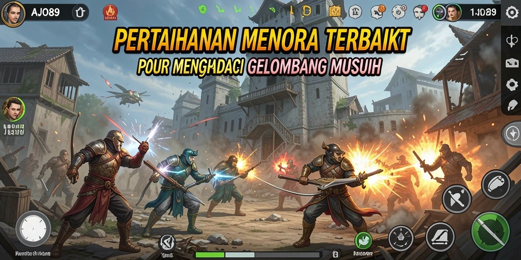 Tampilan gameplay AJO89 dengan menara dan serangan musuh yang intense.