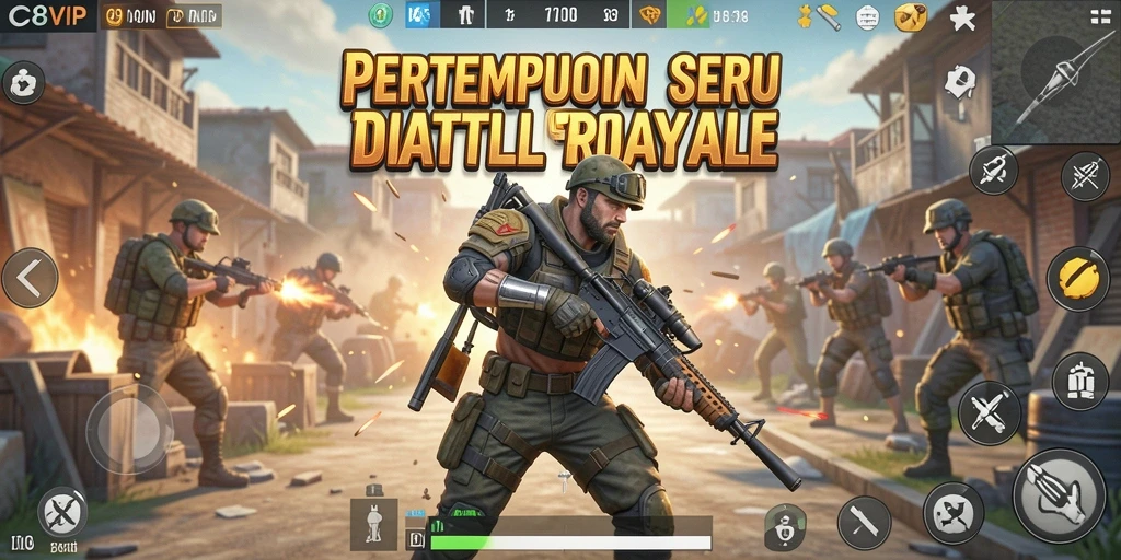 Tangkapan layar gameplay C8VIP yang menampilkan pertempuran seru di arena Battle Royale.