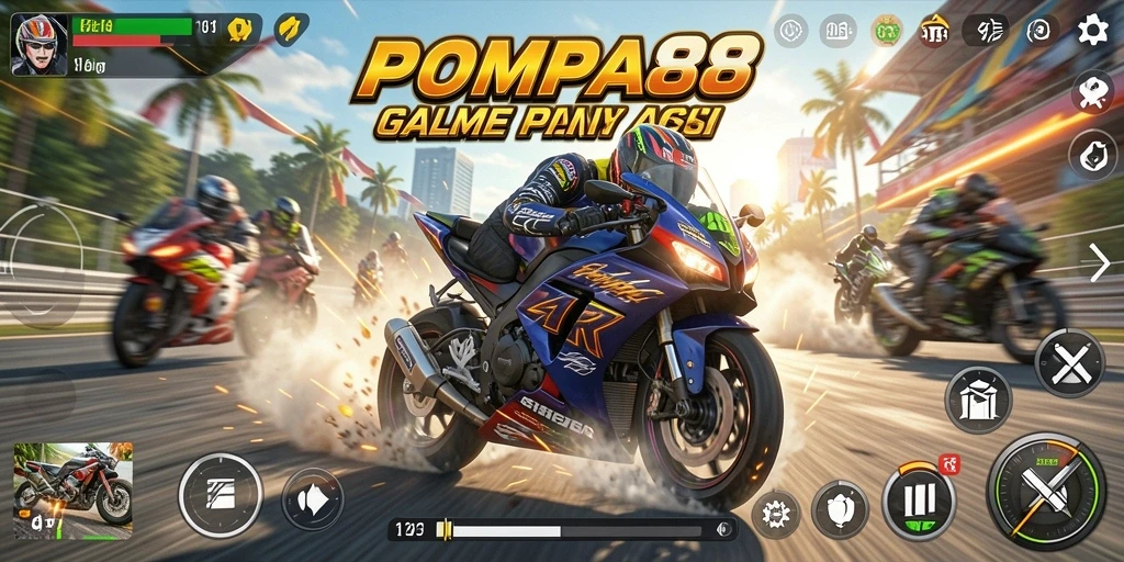 Tampilan utama gameplay POMPA88, menampilkan balapan motor yang seru.