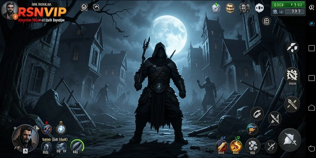 Screenshot gameplay RSNVIP menampilkan suasana gelap dan menakutkan.