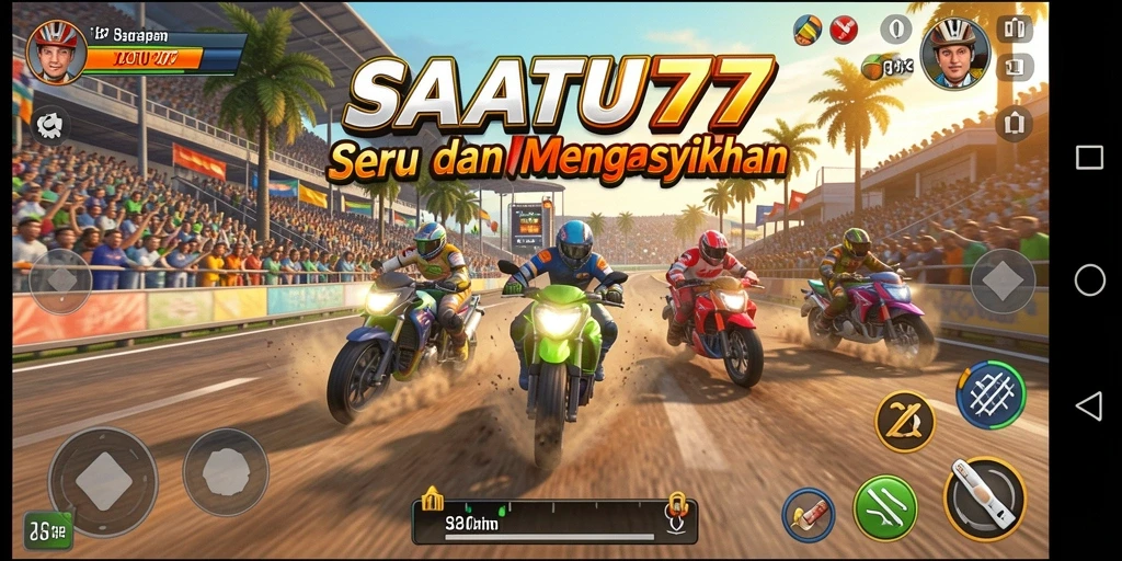 Screenshot menunjukkan aksi balapan seru dalam SATU77.