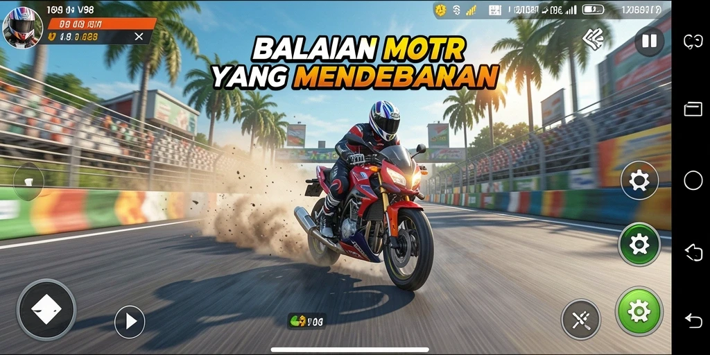 Screenshot dari gameplay V98 menunjukkan aksi balapan motor yang mendebarkan.